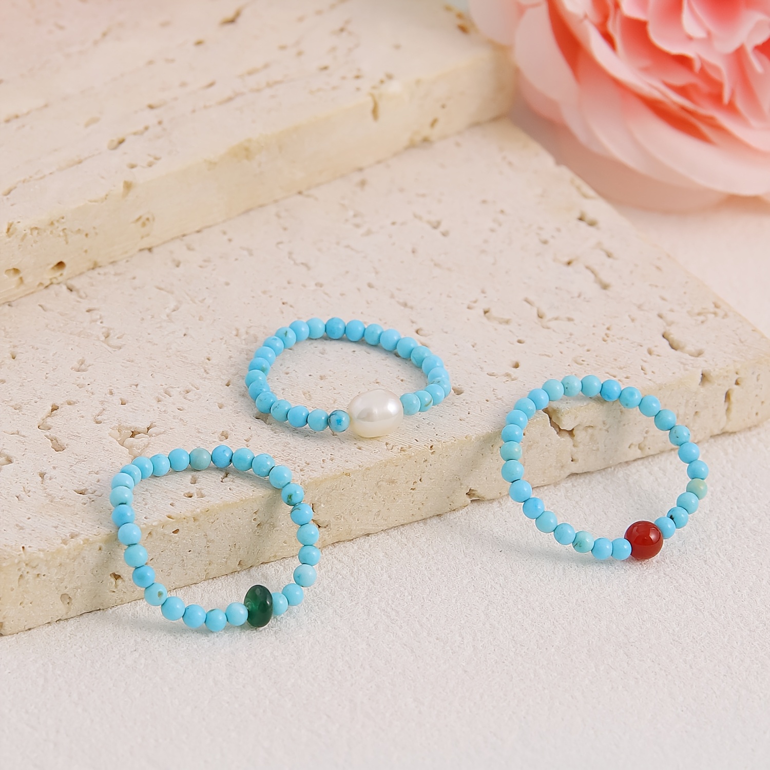 3pc Turquoise Blue Bead Stretch Rings Set for Women